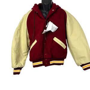 Vintage DeLong Sz. M Varsity Letterman Hooded Jacket Burgundy Wool Leather NWT